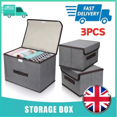 3Pcs Large with Lid Storage Boxes Foldable Canvas Folding Fabric Clothes Baskets - Image 1 of 4