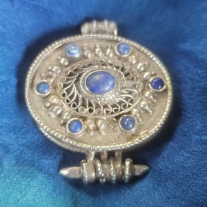 Ethnique Tibet Pendentif Boite Reliquaire Argent 925 Lapis-lazuli 40x35 mm - Photo 1/10