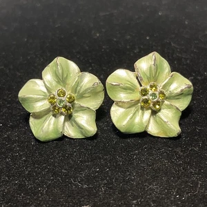 Vintage Clip On Earrings With Green Enamel Over Silver, Preowned - Picture 1 of 8