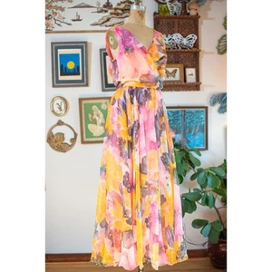 Vintage 70s Jack Bryan Floral Dress Pink Watercolor Maxi Formal Party Ballgown M - Picture 1 of 9