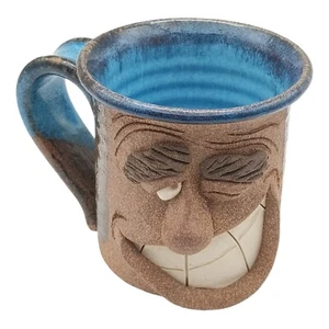 Vintage Studio Art Handmade Pottery Ugly Face Coffee Mug Multi Blue Glaze Signed - Picture 1 of 10
