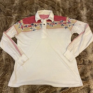 Vtg Striped Surfer Skater Hawaiian Print Polo Shirt Men’s Size L/XL Long Sleeve - Picture 1 of 10