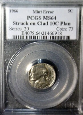 1966 ERROR PCGS MS64 Off Metal Jefferson Nickel on Dime Wrong PLANCHET BU++ Coin - Image 1 of 4