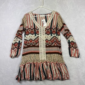 ETWO Tunic Top Womens XS Blue Orange Ivory Boho Eyelet Lace Lightweight - Picture 1 of 14