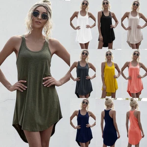 Womens Sleeveless Cami Dress Plain Casual Loose Long Tops Vest Dresses Plus Size - Picture 1 of 33