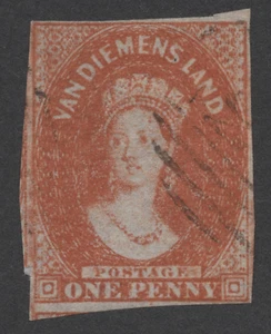 RARE TASMANIA STAMP 1856 QV 1d CHALON HEAD DP-RED BROWN PELURE SG #24 F/U A1A13 - Picture 1 of 12