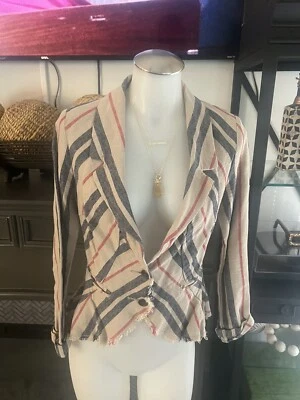 Free People Rumble Striped Linen (I) Blazer Women's 4 Tan Peplum Raw Hem - Image 1 of 4