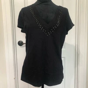 INC International Concepts Women'sT-Shirt Beaded V-Neck Short Sleeve Black Large - Picture 1 of 7