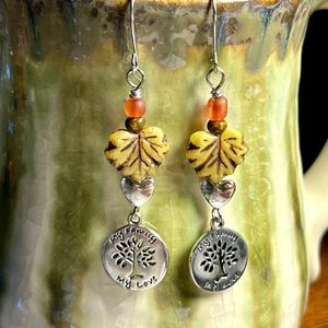 Silver Tone Heart & Leaf Dangle Earrings. Family. Fall. Artisan. Trees. S666 - Picture 1 of 4