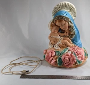 VINTAGE MADONNA VIRGIN MARY & JESUS CHALKWARE LAMP 15" TALL - Picture 1 of 11