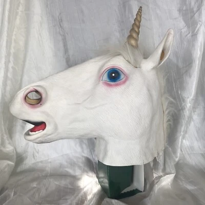 White Unicorn Head Adult Cosplay Latex Rubber Face Mask Gold Spiral Horn - Image 1 of 4
