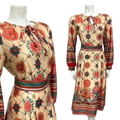 VESTIDO PLISADO VINTAGE AÑOS 70 GEOEMTRICO AZTECA RAYAS BEIGE NARANJA VERDE ROJO OJO DE CERRADURA 10 Foto 1 de 4