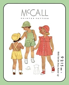 Childs SUN SUIT Dress BONNET Hat Girls Sz 4 McCall 9215 Vtg 1937 Sewing Pattern - Picture 1 of 5