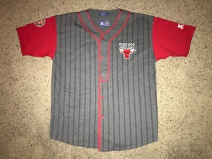 Chicago Bulls Starter Vintage 1990s Gray Pinstripe Baseball Jersey - Men's Large - Picture 1 of 7