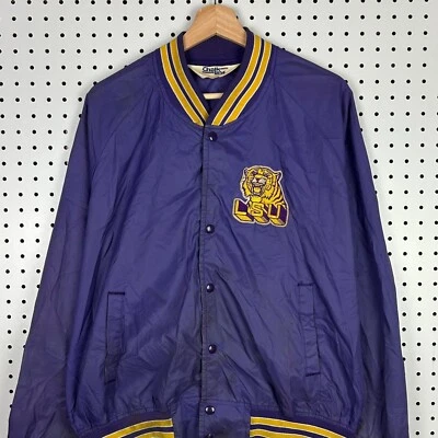 LSU Louisiana State Tigers Bomber Jacket XL Chalk Line Purple Vtg 90s Worn READ - Image 1 of 4