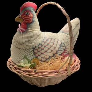 Vtg Large Handmade Primitive CHICKEN Farm Decor Stuffed Fabric On Basket Eggs - Picture 1 of 8