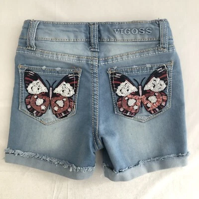 Pantalones Cortos VIGOSS Niñas 2T Azul Denim Corto Puño Mariposa Bordado Foto 1 de 4