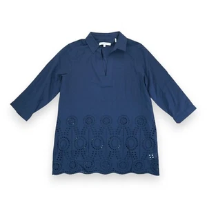 NWT Foxcroft Women's Navy Embroidered Eyelet Tunic 3/4 Sleeve Size 10 MSRP $98 - Picture 1 of 10