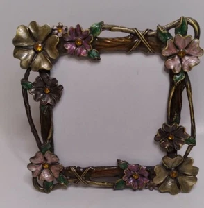 Vintage Metal Enameled & Crystal Picture Frame Purple, Pink, Brown Green - Picture 1 of 7