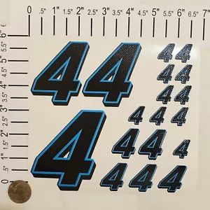 Matte Black-w/Gloss Carbon Fiber Blue #4's Racing Numbers Vinyl Decal Sheet Rc - Picture 1 of 11