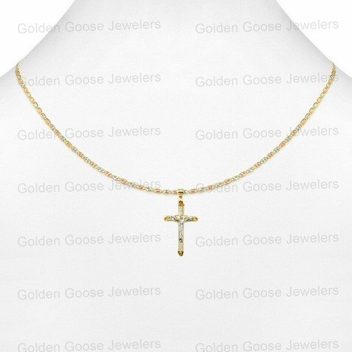 Ciondolo croce crocifisso zirconi in vero oro bianco o giallo 14 kt catena Valentino