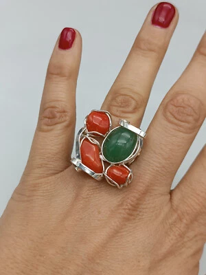 anello donna argento bianco 925 vero corallo rosso di Sardegna agata verde - Immagine 1 di 4