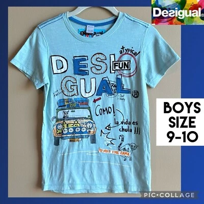 Desigual Boys T-Shirt Blue Short Sleeve Graphic Car Monkey Size 9-10 - Image 1 of 4