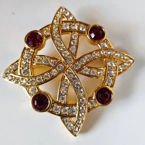 Swarovski Swan Signed Gold Plated Brooch W/Red & Clear Crystals 1.3/8" Diameter - Picture 1 of 2