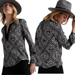 Lucky Brand Velvet Trim Boho Printed Long Sleeve Peasant Top Women's Size 1X - Picture 1 of 13