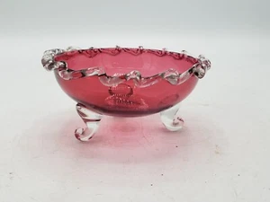 19th Century Bowl Cranberry Glass With Clear Rigaree Around Edge, Footed, Pontil - Picture 1 of 17
