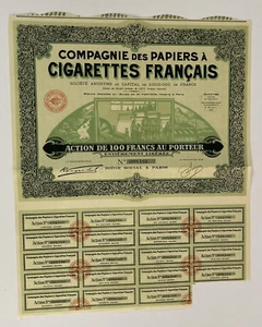 1930 Compagnie Des Papiers A Cigarettes Francais Certificado de Stock Francia Verde - Imagen 1 de 4