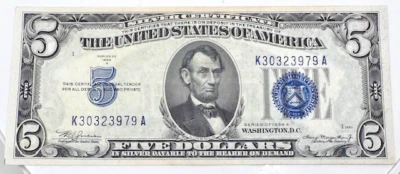 1934 A $5 UNCIRCULATED BLUE SEAL SILVER CERTIFICATE K 30323979 A - Image 1 of 2
