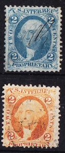 US Scott R13c-R14c old 2c Proprietary 1st issue revenue stamps U/F-VF CV $65 - Picture 1 of 1