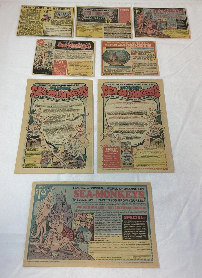 лот из 8 мультяшных объявлений SEA MONKEYS ~ 1960-1970-е - Изображение 1 из 1
