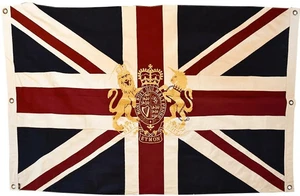 Union Jack Royal Crest Aged Style komplett genähte Flagge 150 cm x 100 cm - 6 Ösen - Bild 1 von 9