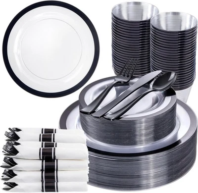 Juego de platos de plástico transparente de 350 piezas - Incluye cubiertos y servilletas para 50 invitados Foto 1 de 4