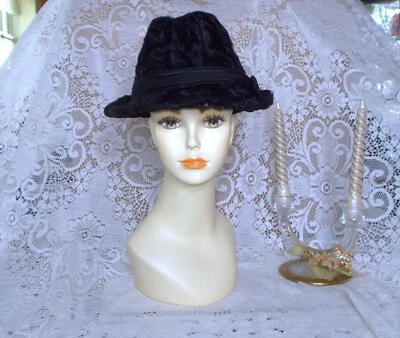 Sombrero Fedora De Colección Regency of New York Negro Cola Ancha Cordero Persa y Cuero 22 3/4 Foto 1 de 4