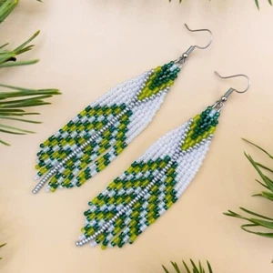 Tribal Earrings Native Large Boho American Seed Beads Handmade Earring - Picture 1 of 8