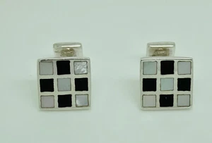 Vintage Sterling Silver Onyx & Mother of Pearl Geometric Square Cufflinks - Picture 1 of 5
