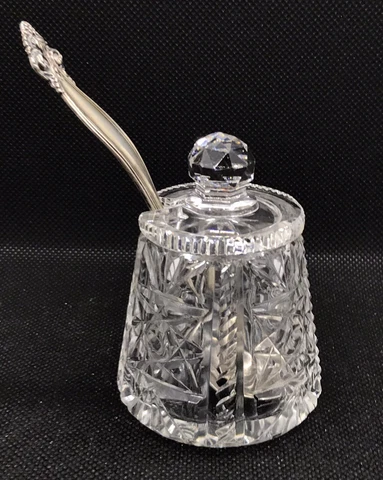 Antique Glass Lidded Mustard Pot w/ Sterling Silver Ladle Cover