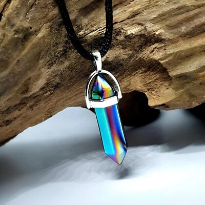 ECLECTIC SHOP UK LTD ® Collar de piedra de cuarzo con colgante de aura de ángel dorado metálico arco iris joyería curativa