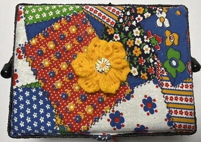 Blue Patchwork Sewing Basket Box Notions Kit Vintage Granny Chic Pin Cushion 205 - Image 1 of 4