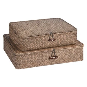 Set of 2 Flat Seagrass Storage Bins with Lid Wicker Storage Baskets for Organ... - Picture 1 of 7