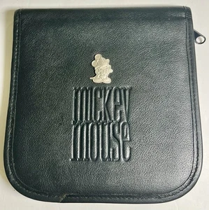 Disney Silver Mickey Mouse Logo Black Leather CD Case Zipper 6 Sleeves Holds 12 - Picture 1 of 8