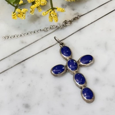 Винтажный Мексика серебро 2» Lapis крест/ 925 Италии 20» L ADJ коробка цепочка ожерелье - Изображение 1 из 4