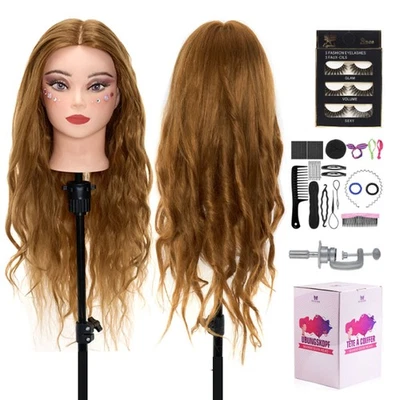 NEVERLAND BEAUTY & HEALTH Testa da allenamento 28" 60% capelli veri testa manichino parrucchiere con morsetto da tavolo + set capelli