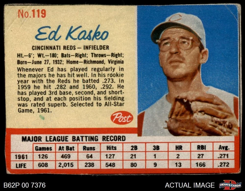 1962 Post Cereal #119 Eddie Kasko Reds SHORT-PRINT 1.5 - FAIR - Image 1 of 1