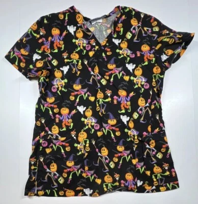 Comfy Cotton Scrubs Ghosts Pumpkin Head Witch Black Small Halloween Scrub Top - Image 1 of 4