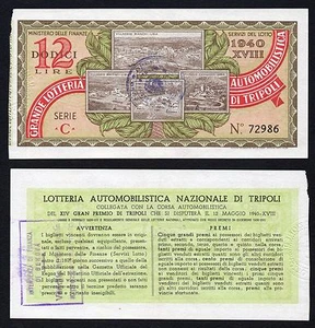 Italia Biglietto Grande Lotteria Automobilistica di Tripoli 12 lire 1940 - Imagen 1 de 1