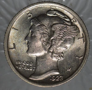 1923 Mercury Silver Dime Old Album Gem BU FB Full Split Center Band Nice Toning - Picture 1 of 9